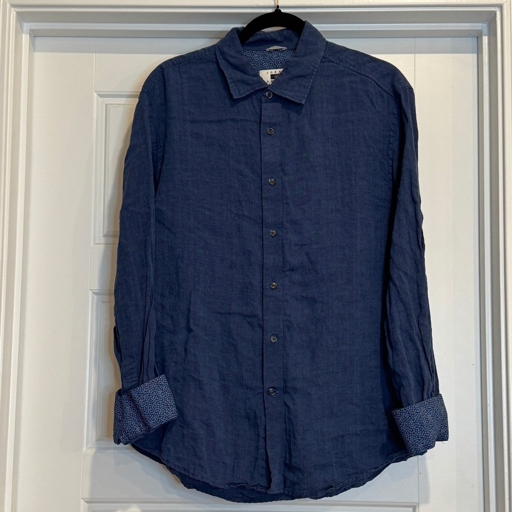 Joseph Abboud Shirt Mens L Navy Blue 100% Linen Long Sleeve Contrast Cuff Button